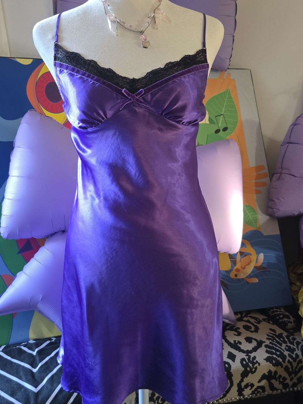 La Senza Purple Satin Lace Slip Dress Y2K Coquette Side Slit Bow Mini XS